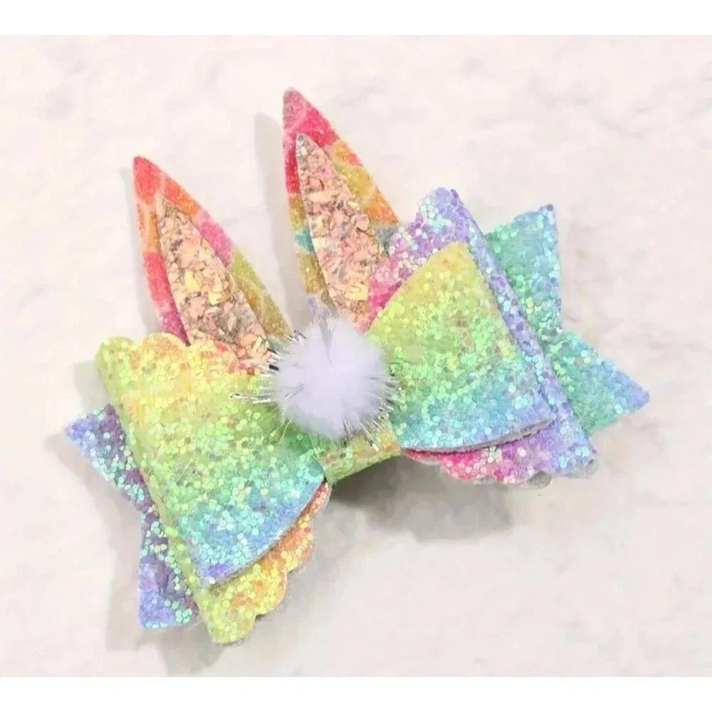 Cute Little Girls Cute Easter Bow Ear Hair Clip, Rainbow New